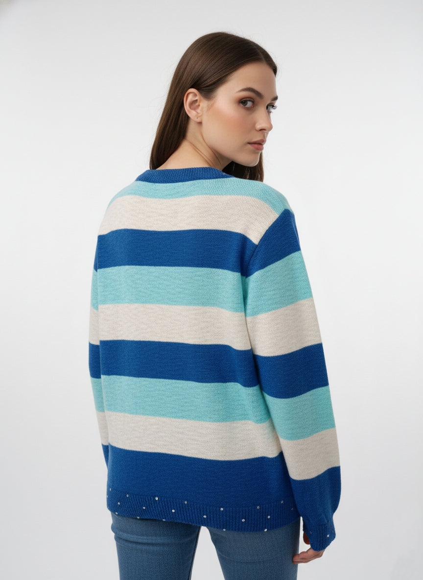 Women’s Striped UFO patch Sweater – Semi Winter Casual Wear