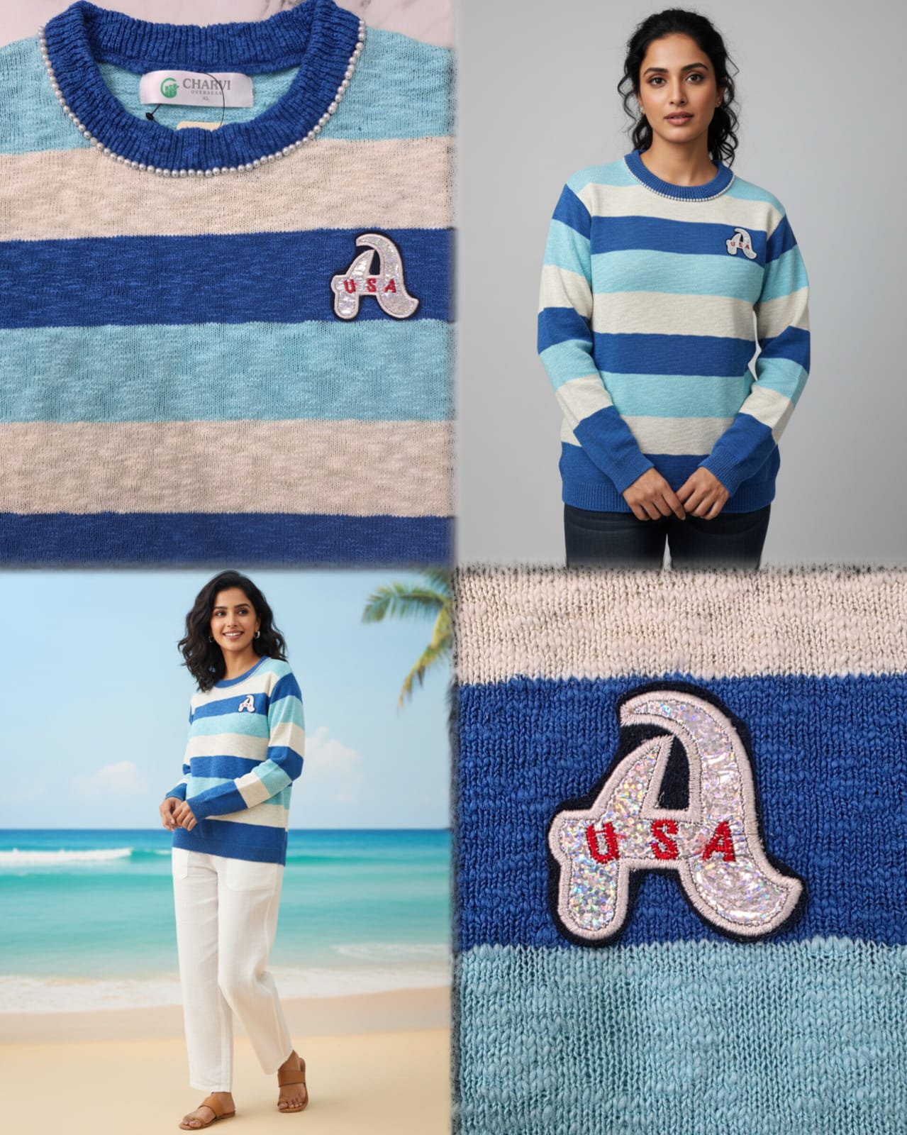 Women’s Striped USA Patch Knit Sweater – Semi Winter Wear (USA-2025)