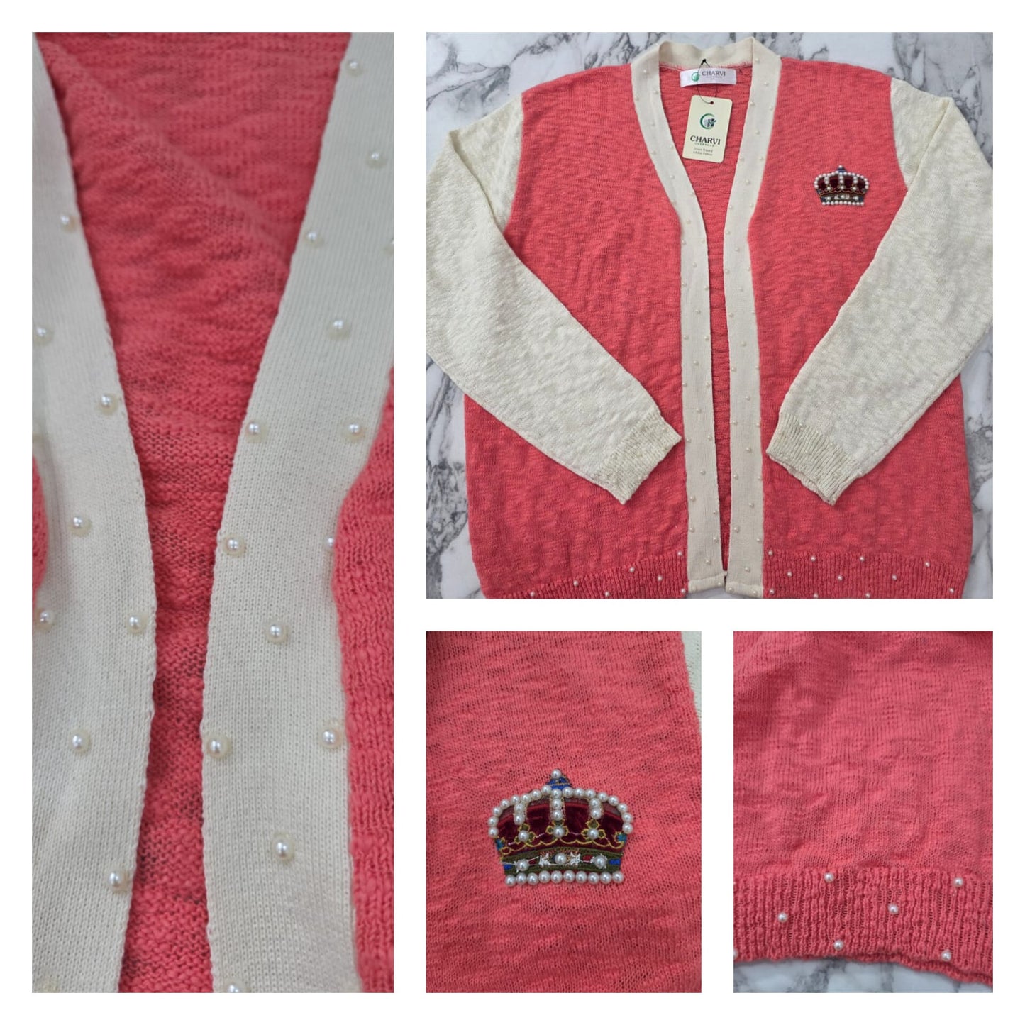 Woman's 100% cotton Peach Cardigan with Crown Patch and pearl detailing