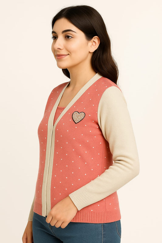 Woman's 100% cotton Peach cardigan with pearl detailing and heart patch