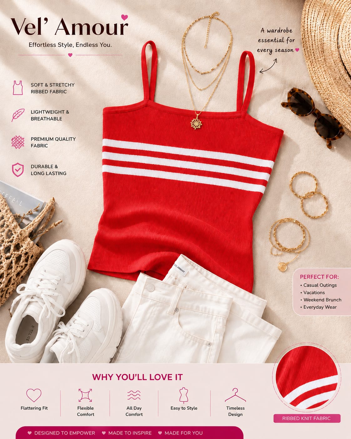 Women's Cotton Knitted Ribbed Stripe Camisole Top – Red | S to XL