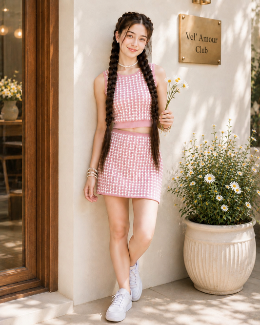 Teen Girl Baby Pink Knitted Coord Set Midi Skirt Dress | Soft Houndstooth Co-Ord Set – Vel’ Amour