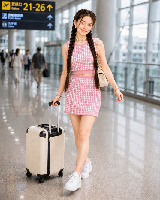 Teen Girl Baby Pink Knitted Coord Set Midi Skirt Dress | Soft Houndstooth Co-Ord Set – Vel’ Amour