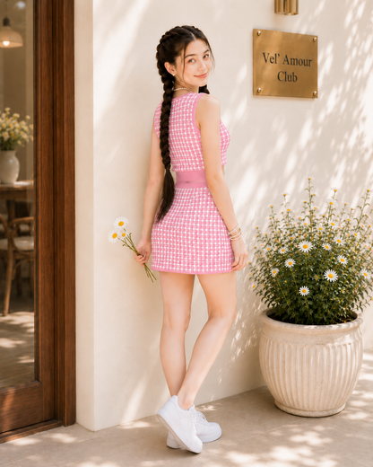Teen Girl Baby Pink Knitted Coord Set Midi Skirt Dress | Soft Houndstooth Co-Ord Set – Vel’ Amour