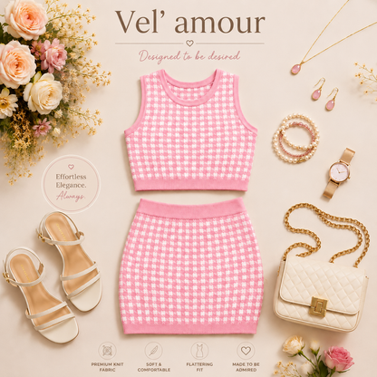 Teen Girl Baby Pink Knitted Coord Set Midi Skirt Dress | Soft Houndstooth Co-Ord Set – Vel’ Amour