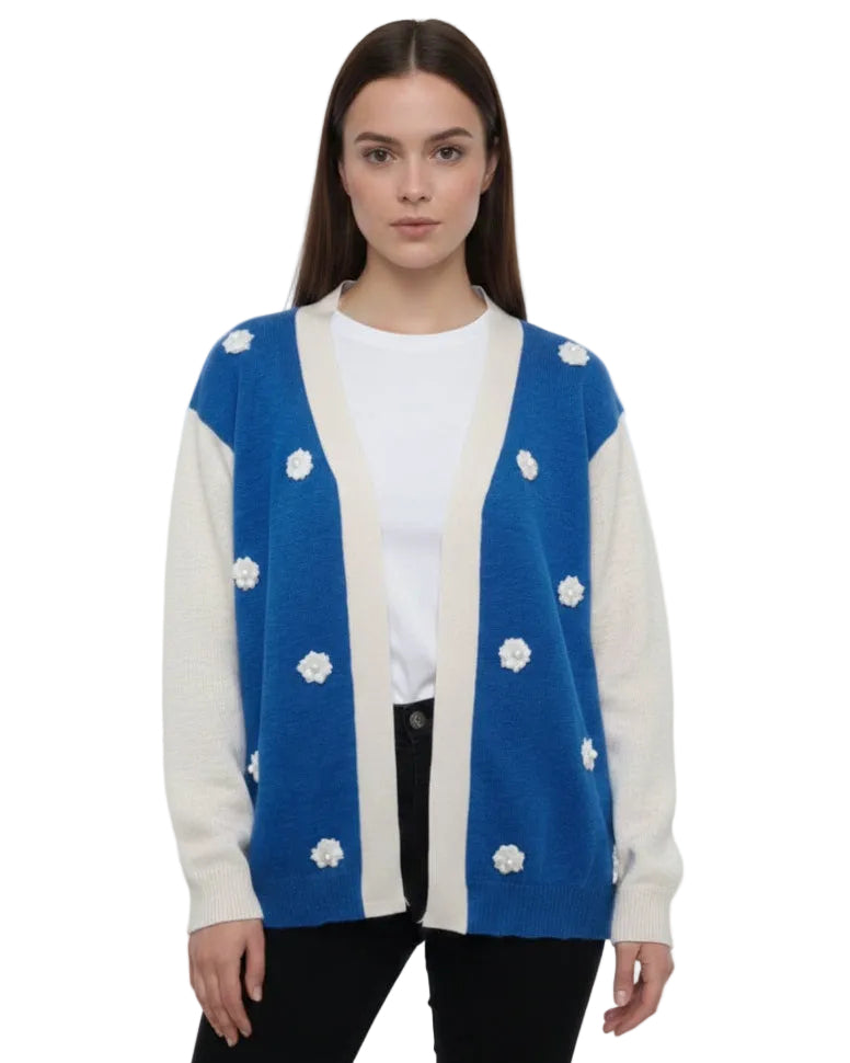 Women’s Blue Floral Knit Cardigan – Semi Winter Wear (SKU-Blue-2026)