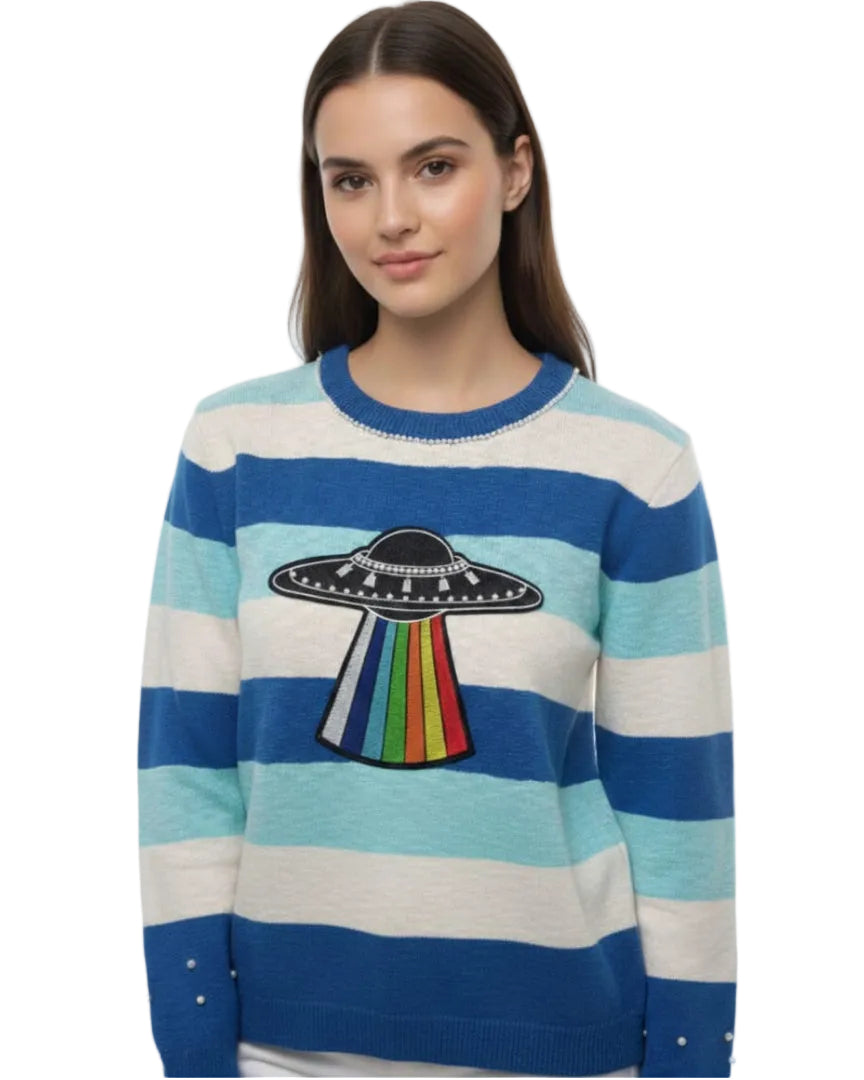Women’s Striped UFO patch Sweater – Semi Winter Casual Wear