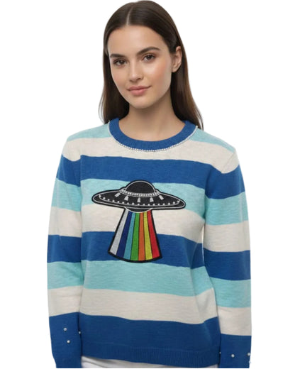 Women’s Striped UFO patch Sweater – Semi Winter Casual Wear