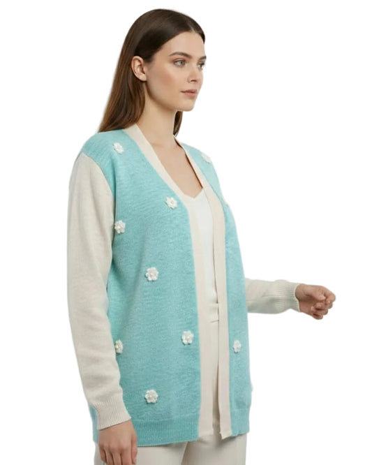 Women’s Sky Blue Floral Knit Cardigan – Semi Winter Wear (SKY-2025)