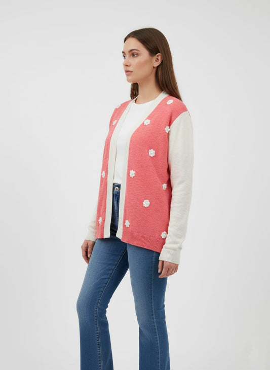 Women’s Peach Floral Knit Cardigan – Semi Winter Wear (SKU-Peach-2026)