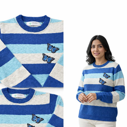 Women’s Striped Butterfly Knit Sweater – Semi Winter Wear (BUTTERFLY-2025)