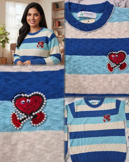 Women’s Striped Pearl Heart Knit Sweater – Semi Winter Wear (HEART-2025)