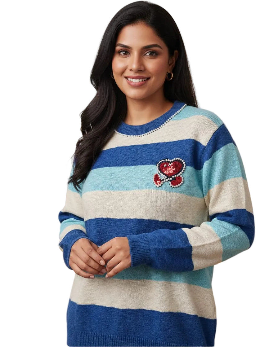 Women’s Striped Pearl Heart Knit Sweater – Semi Winter Wear (HEART-2025)