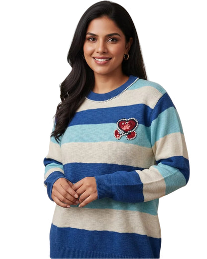 Women’s Striped Pearl Heart Knit Sweater – Semi Winter Wear (HEART-2025)