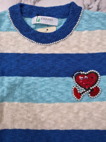 Women’s Striped Pearl Heart Knit Sweater – Semi Winter Wear (HEART-2025)