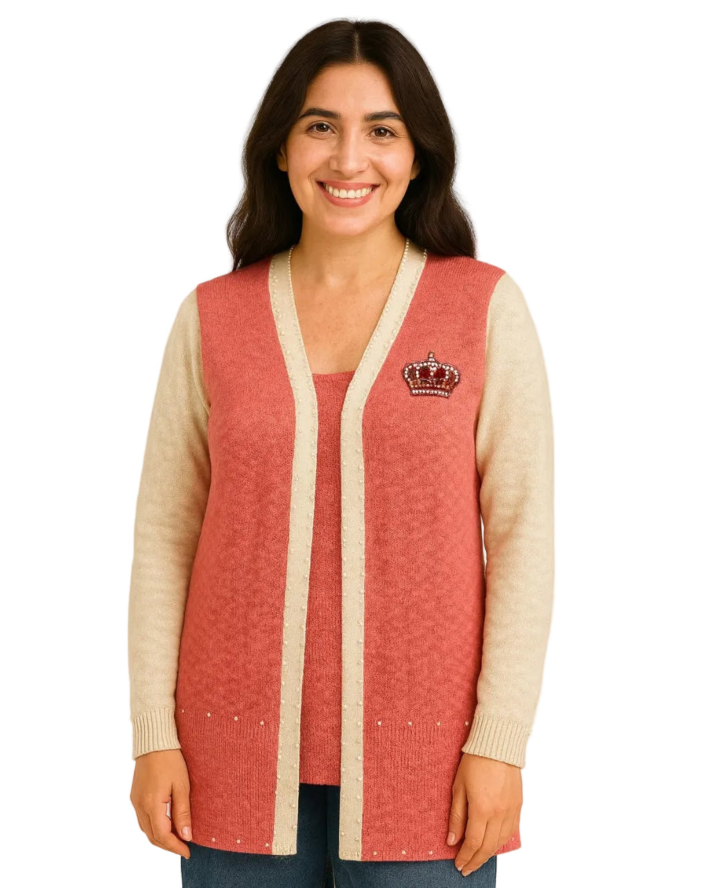 Woman's 100% cotton Peach Cardigan with Crown Patch and pearl detailing