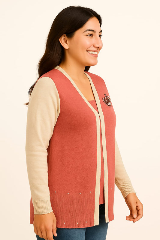 Woman's 100% cotton Peach Cardigan with Crown Patch and pearl detailing