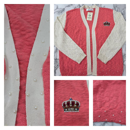 Woman's 100% cotton Peach Cardigan with Crown Patch and pearl detailing