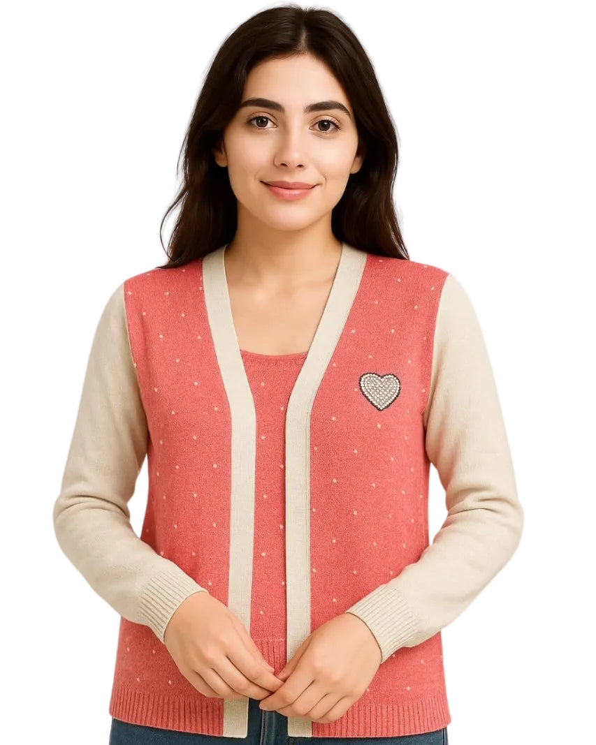 Woman's 100% cotton Peach cardigan with pearl detailing and heart patch