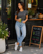 Women’s Cotton Blend Slim Fit T-Shirt | Plain Tee with Minimal Logo | XS–L