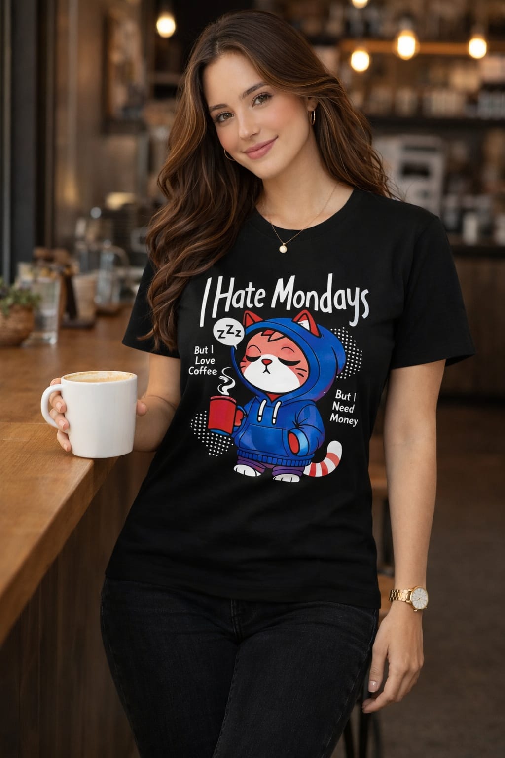 Women’s Cotton Lycra Graphic T-Shirt Slim Fit | Funny Cat Print Tee XS-L