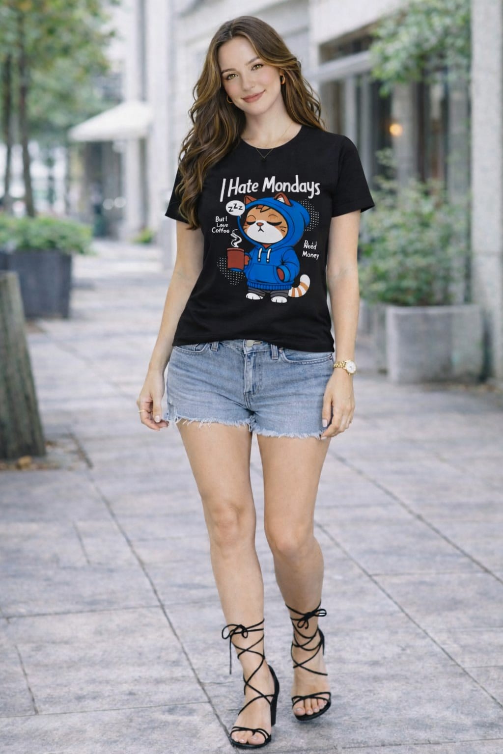 Women’s Cotton Lycra Graphic T-Shirt Slim Fit | Funny Cat Print Tee XS-L