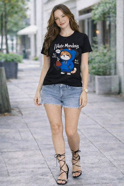 Women’s Cotton Lycra Graphic T-Shirt Slim Fit | Funny Cat Print Tee XS-L