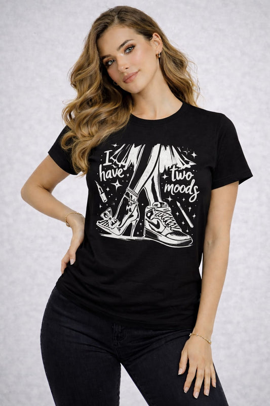 Women’s Cotton Lycra Slim Fit Graphic T-Shirt | “Two Moods” Print Tee | 5 Colors | XS–L