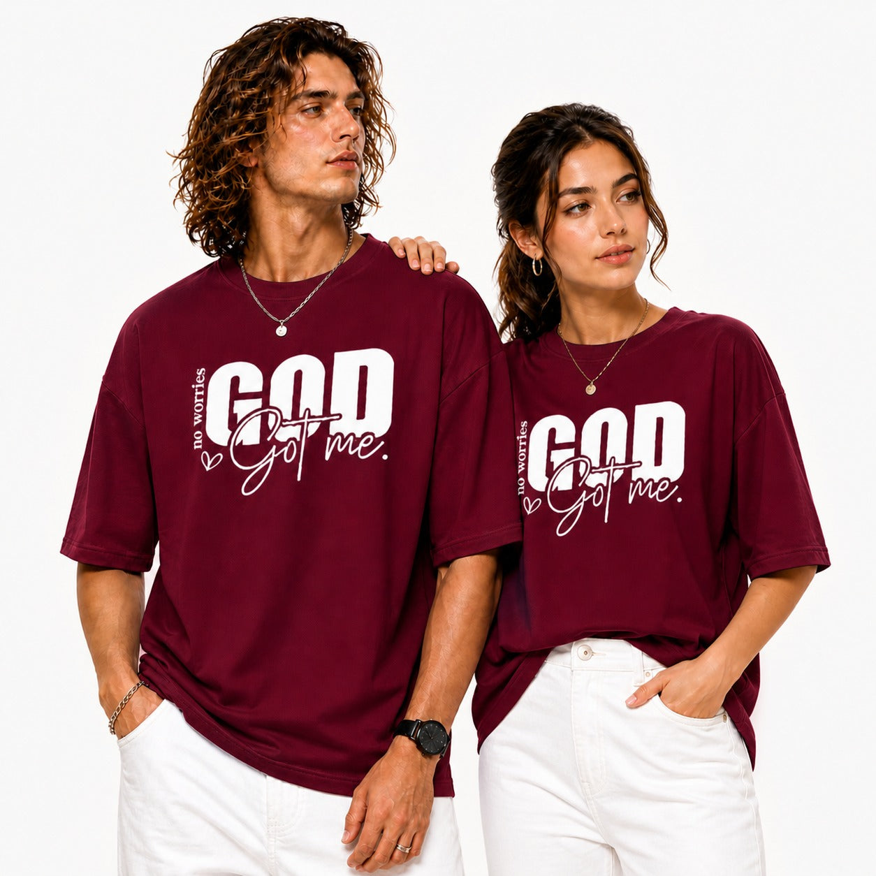 Couple Matching Drop Shoulder T-Shirts – Cotton Lycra Puff Print “God Got Me” Tee Combo