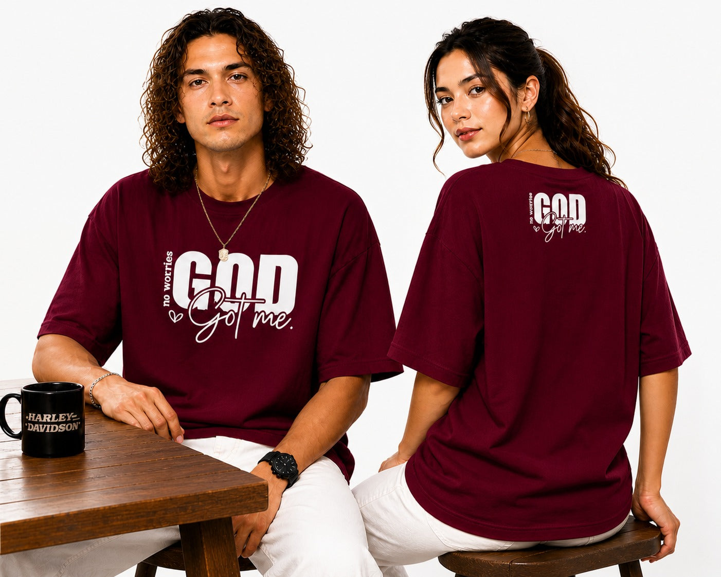 Couple Matching Drop Shoulder T-Shirts – Cotton Lycra Puff Print “God Got Me” Tee Combo