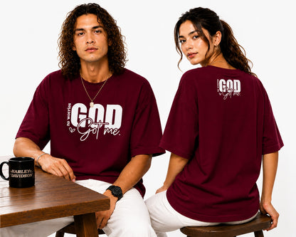 Couple Matching Drop Shoulder T-Shirts – Cotton Lycra Puff Print “God Got Me” Tee Combo