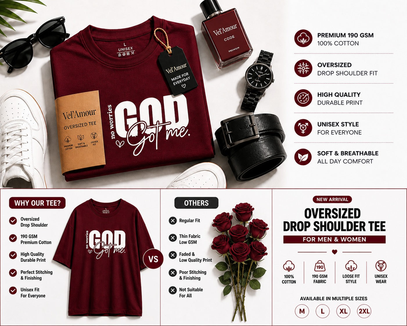 Couple Matching Drop Shoulder T-Shirts – Cotton Lycra Puff Print “God Got Me” Tee Combo