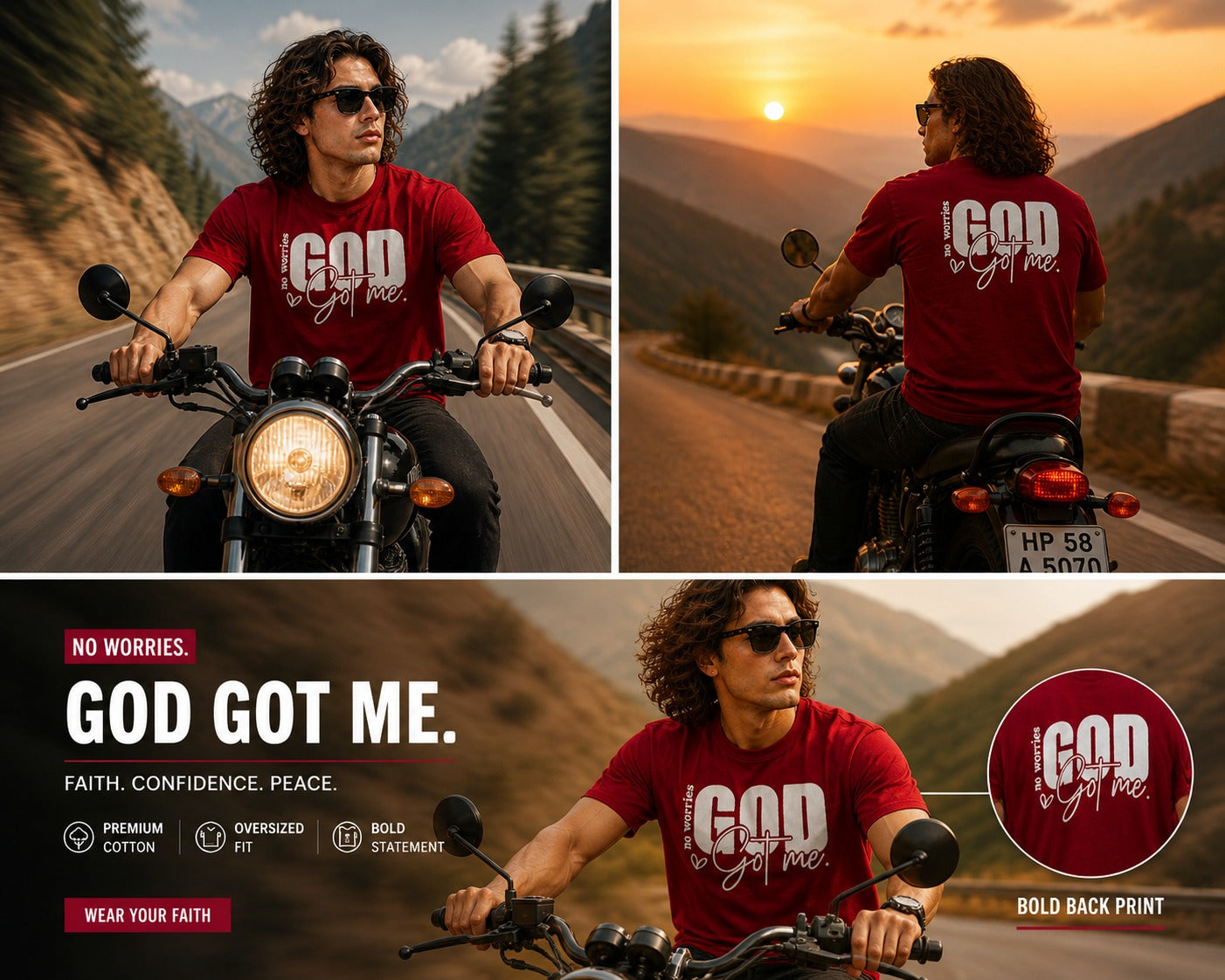 Men’s Drop Shoulder Oversized T-Shirt – Cotton Lycra Puff Print “God Got Me” Graphic Tee (Maroon/Sky/Green))