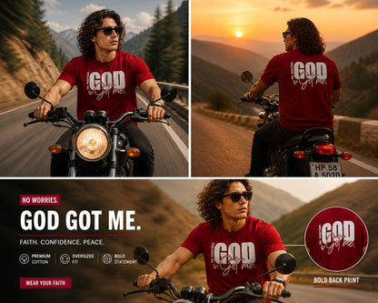 Men’s Drop Shoulder Oversized T-Shirt – Cotton Lycra Puff Print “God Got Me” Graphic Tee (Maroon/Sky/Green))