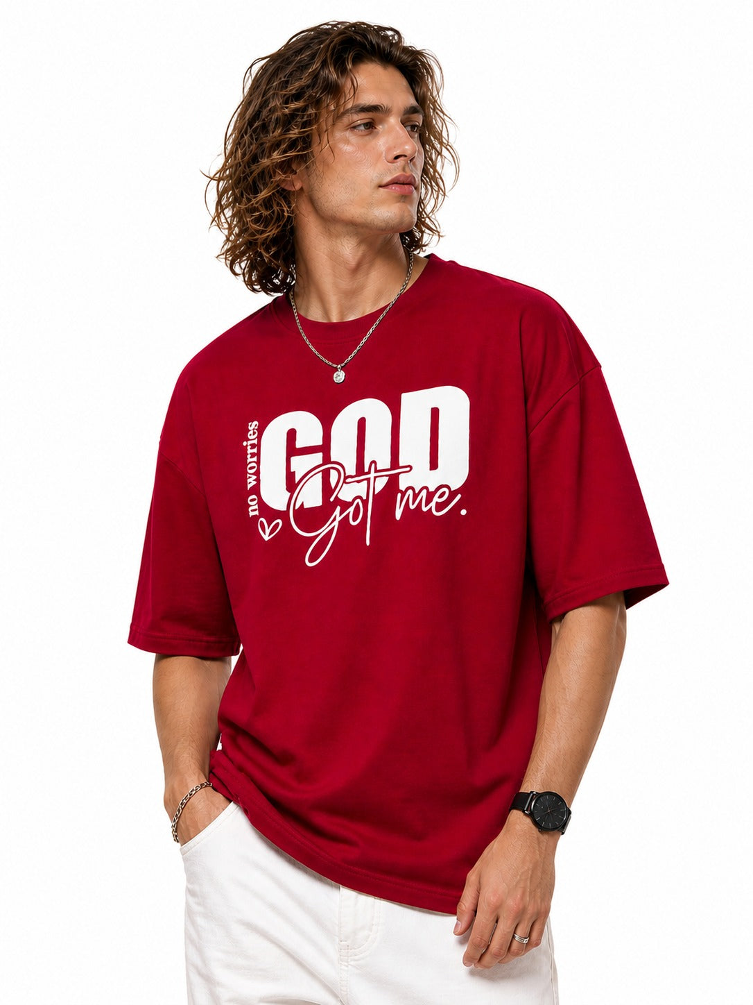 Men’s Drop Shoulder Oversized T-Shirt – Cotton Lycra Puff Print “God Got Me” Graphic Tee (Maroon/Sky/Green))