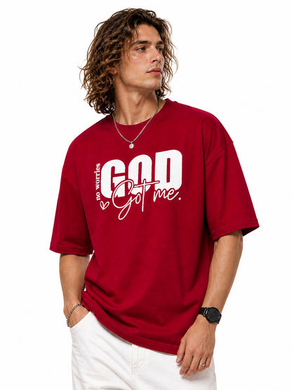 Men’s Drop Shoulder Oversized T-Shirt – Cotton Lycra Puff Print “God Got Me” Graphic Tee (Maroon/Sky/Green))