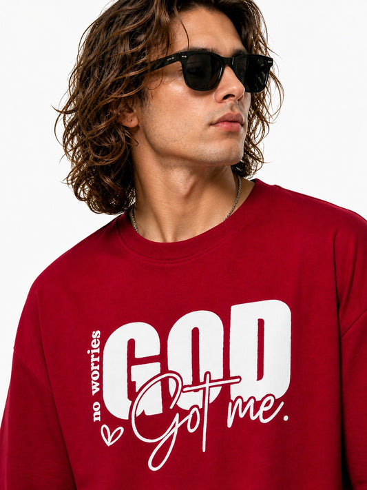 Men’s Drop Shoulder Oversized T-Shirt – Cotton Lycra Puff Print “God Got Me” Graphic Tee (Maroon/Sky/Green))