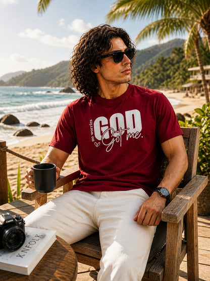 Men’s Drop Shoulder Oversized T-Shirt – Cotton Lycra Puff Print “God Got Me” Graphic Tee (Maroon/Sky/Green))