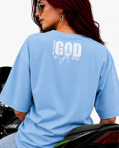 God Got Me Oversized Cotton Lycra Puff Print Round Neck T-Shirt
