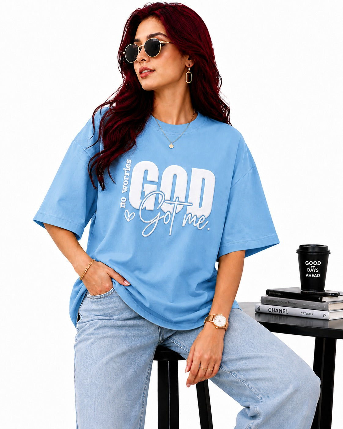 God Got Me Oversized Cotton Lycra Puff Print Round Neck T-Shirt
