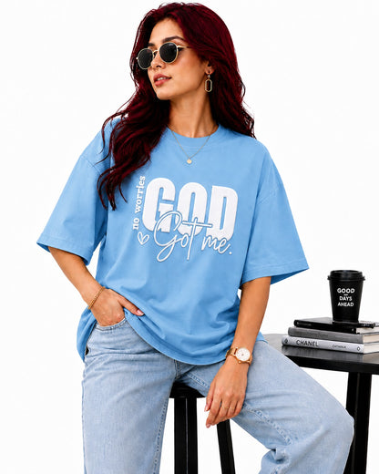 God Got Me Oversized Cotton Lycra Puff Print Round Neck T-Shirt