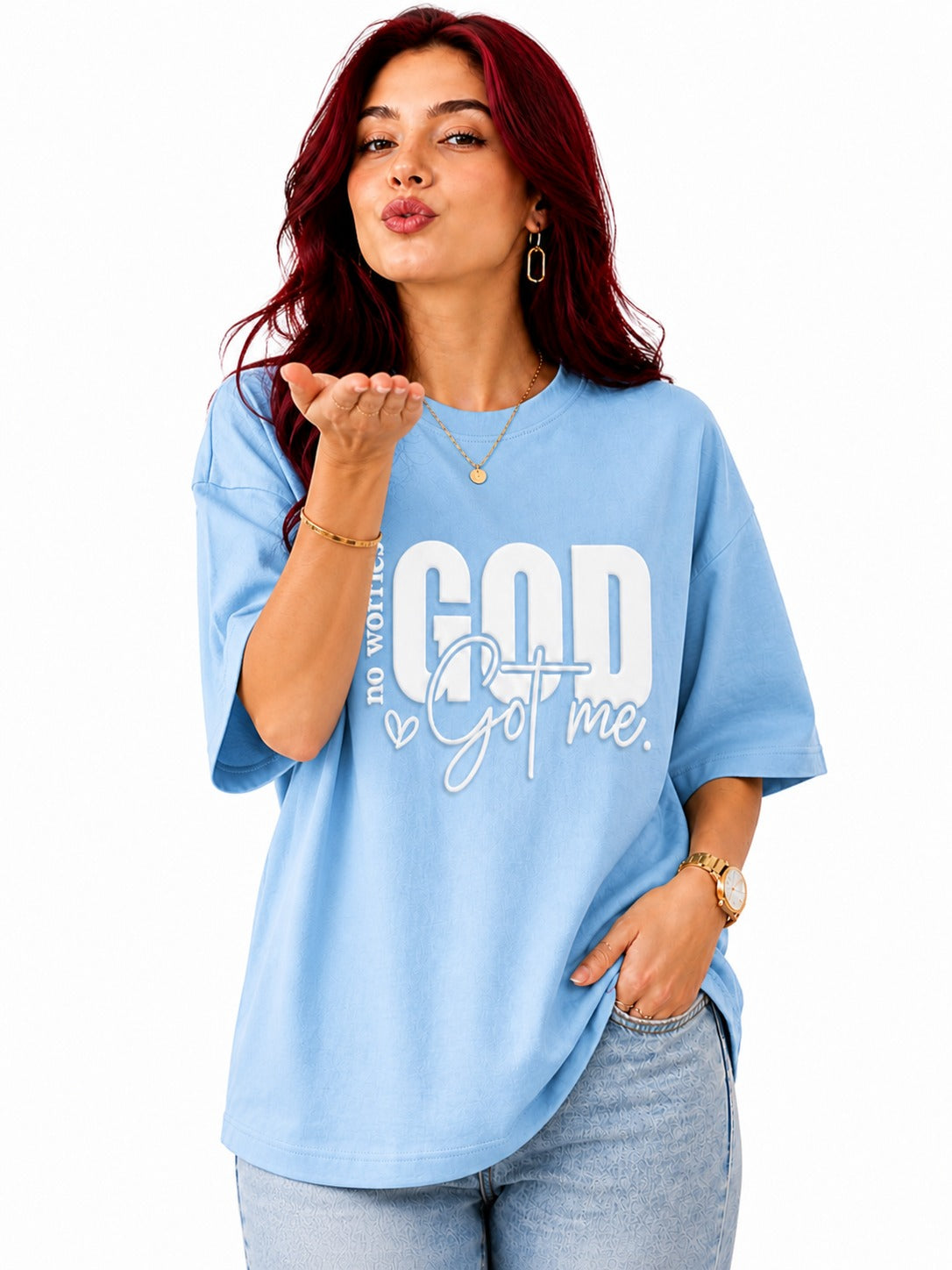 God Got Me Oversized Cotton Lycra Puff Print Round Neck T-Shirt