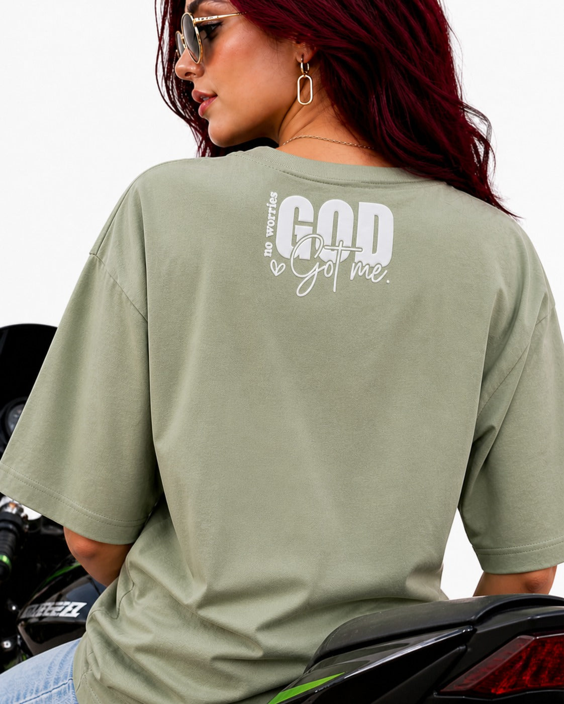 God Got Me Oversized Cotton Lycra Puff Print Round Neck T-Shirt