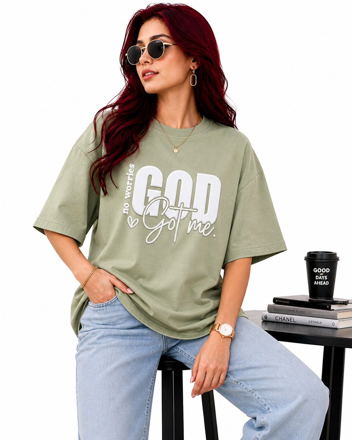 God Got Me Oversized Cotton Lycra Puff Print Round Neck T-Shirt