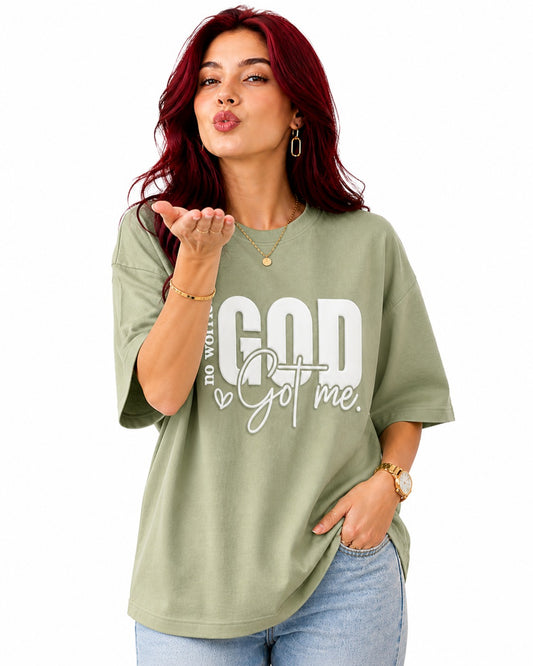 God Got Me Oversized Cotton Lycra Puff Print Round Neck T-Shirt