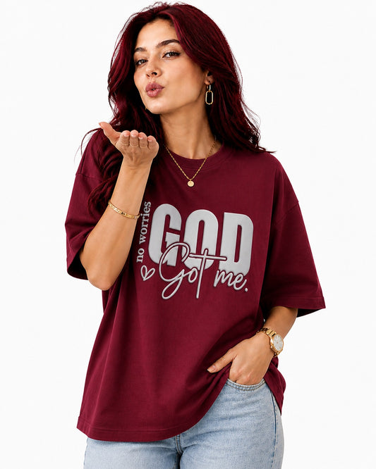 God Got Me Oversized Cotton Lycra Puff Print Round Neck T-Shirt