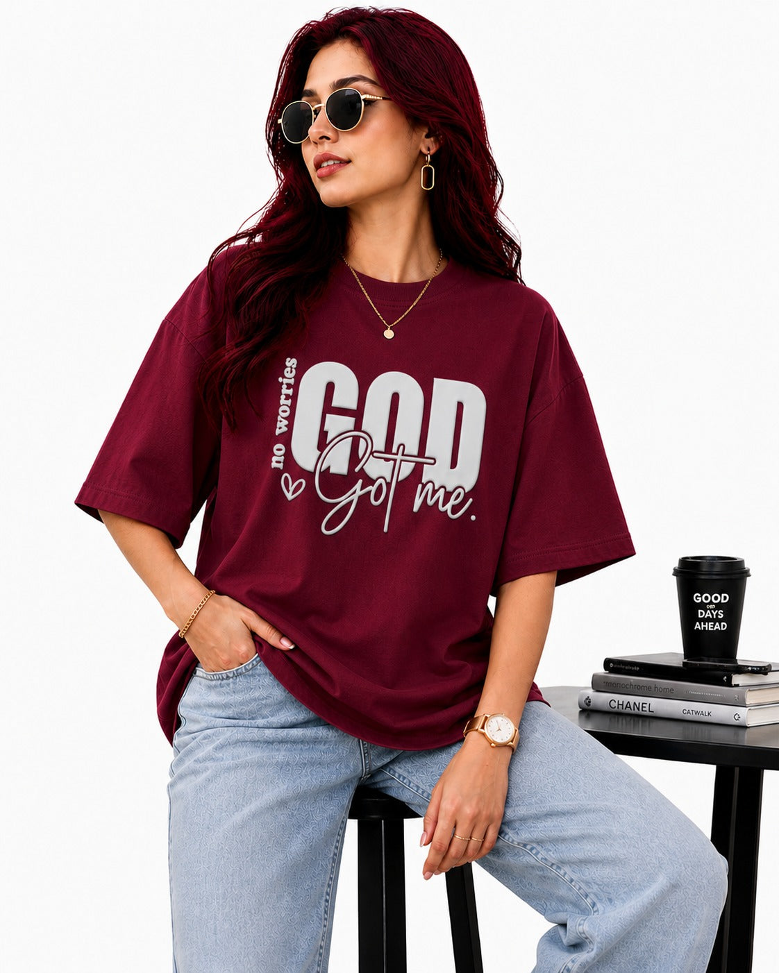 God Got Me Oversized Cotton Lycra Puff Print Round Neck T-Shirt