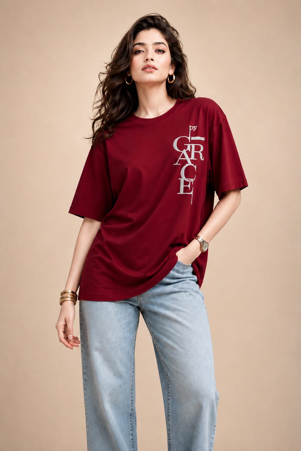 Oversized Puff Print Cotton Lycra T-Shirt – Casual Streetwear Tee for Women | M-2XL
