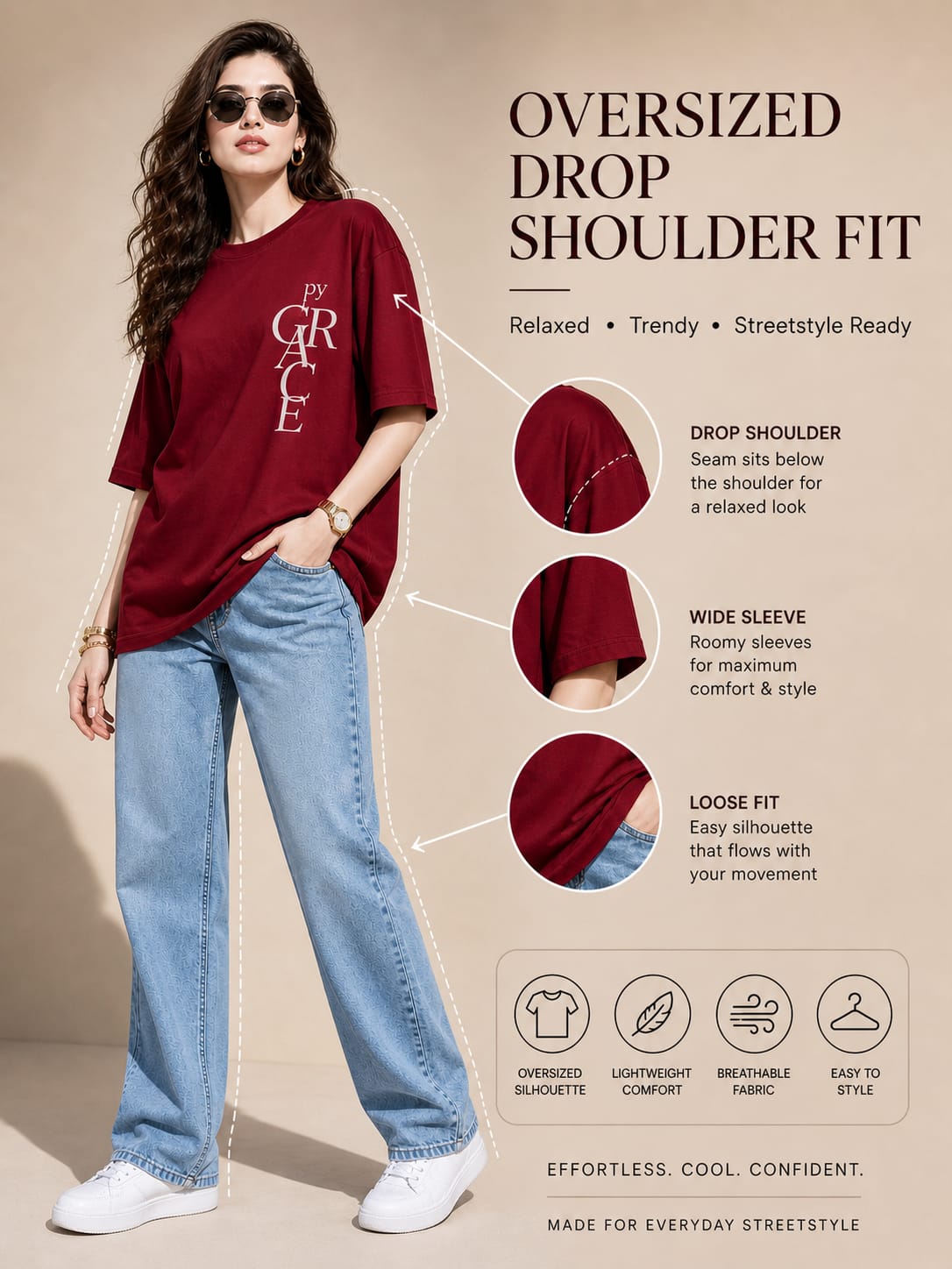 Oversized Puff Print Cotton Lycra T-Shirt – Casual Streetwear Tee for Women | M-2XL