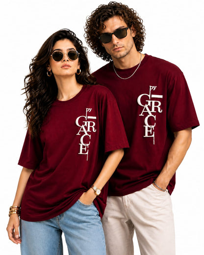 By Grace Couple Oversized Cotton Lycra Puff Print T-Shirt | Matching Round Neck Tee